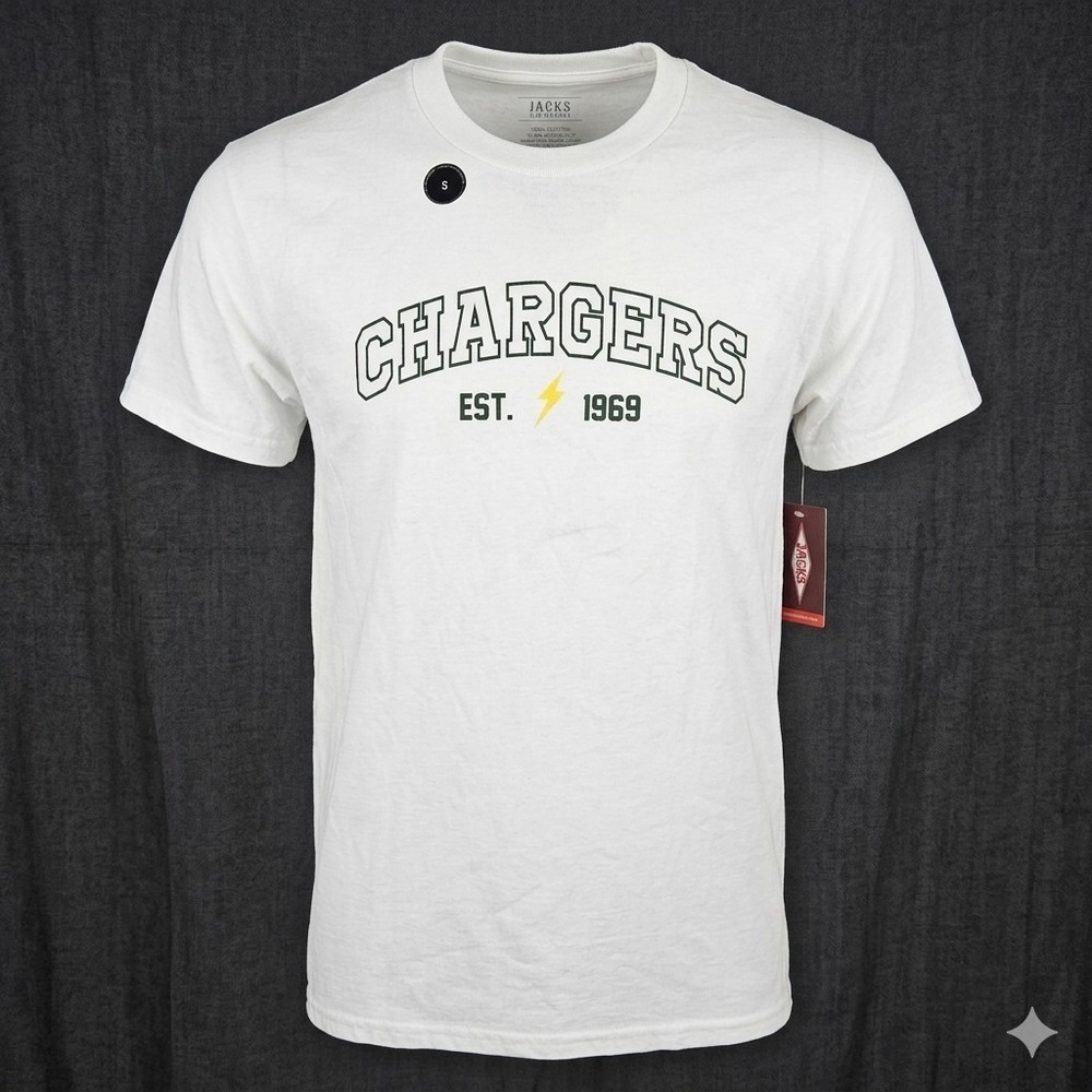 Jacks Surfboards Chargers T-Shirt Mens Small White Graphic Tee Est 1969 NWT